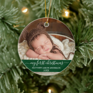 Stylish Script My First Christmas Baby Green Ceramic Ornament