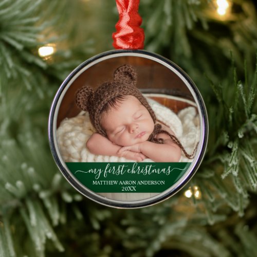 Stylish Script My First Christmas Baby Green Metal Ornament
