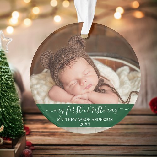 Stylish Script My First Christmas Baby Green Ornament