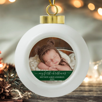 Stylish Script My First Christmas Baby Green Snowflake Pewter Christmas Ornament by HappyMemoriesCardCo at Zazzle