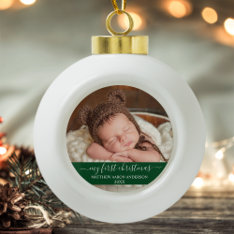 Stylish Script My First Christmas Baby Green Snowflake Pewter Christmas Ornament at Zazzle