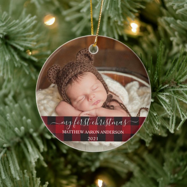 Stylish Script My First Christmas Baby Plaid Ceramic Ornament (Tree)