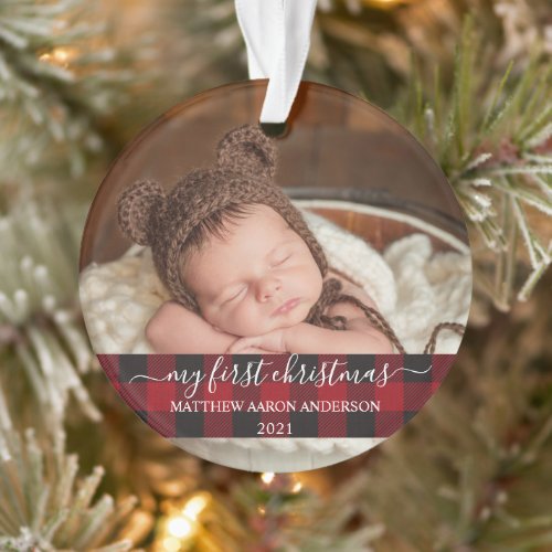 Stylish Script My First Christmas Baby Plaid Ornament