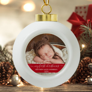 Stylish Script My First Christmas Baby Red Ceramic Ball Christmas Ornament