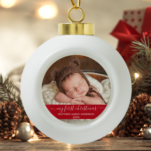 What Christmas looks like in 2026 - Pink Dramatic personalized gifts for you Stylish Script My First Christmas Baby Red Ceramic Ball Christmas Ornament – populair kerstcadeau en kerstdecoratie 2026