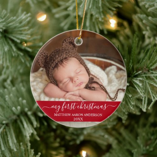 Stylish Script My First Christmas Baby Red Ceramic Ornament