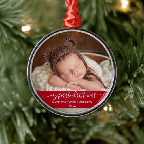 Stylish Script My First Christmas Baby Red Metal Ornament