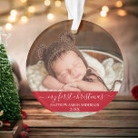 Stylish Script My First Christmas Baby Red Ornament<br><div class="desc">Elegant Stylish Trendy Script My First Christmas Baby Photo Red Ornament with Snowflakes back</div>
