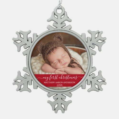 Stylish Script My First Christmas Baby Red Snowflake Pewter Christmas Ornament