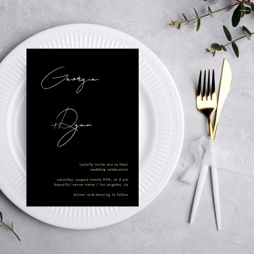 Stylish Script Names Minimalist Black Wedding Foil Invitation