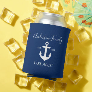 Stylish Script Nautical Anchor Lake House Blue Can Cooler