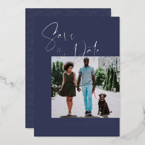 Stylish Script  Navy  Silver Wedding Photo Foil Invitation