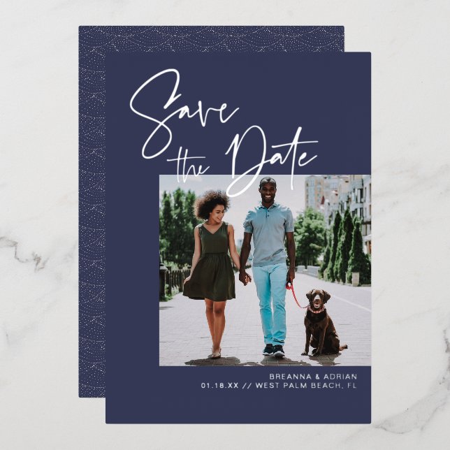 Stylish Script | Navy & Silver Wedding Photo Foil Invitation (Front/Back)
