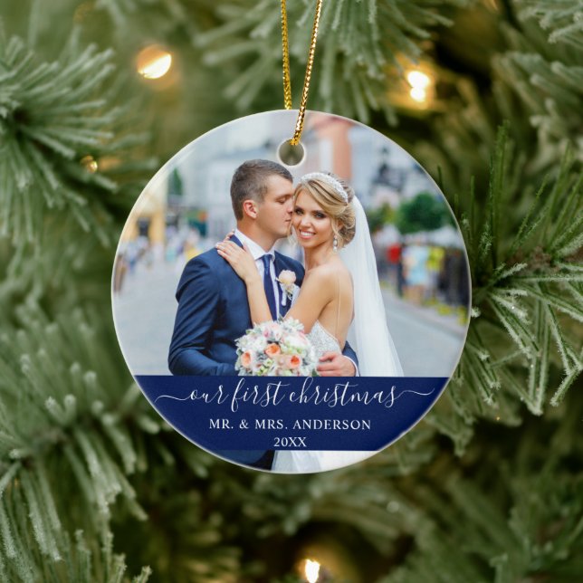 Stylish Script Our First Christmas Blue Ceramic Ornament (Tree)