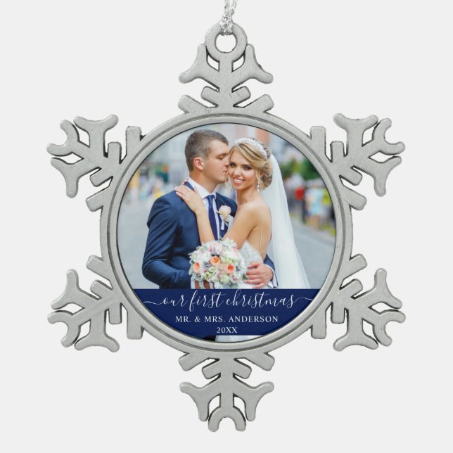 Stylish Script Our First Christmas Blue Snowflake Pewter Christmas Ornament (Front)