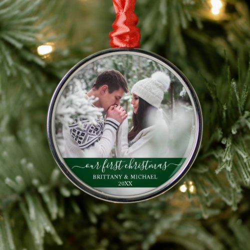 Stylish Script Our First Christmas Couple Green Metal Ornament