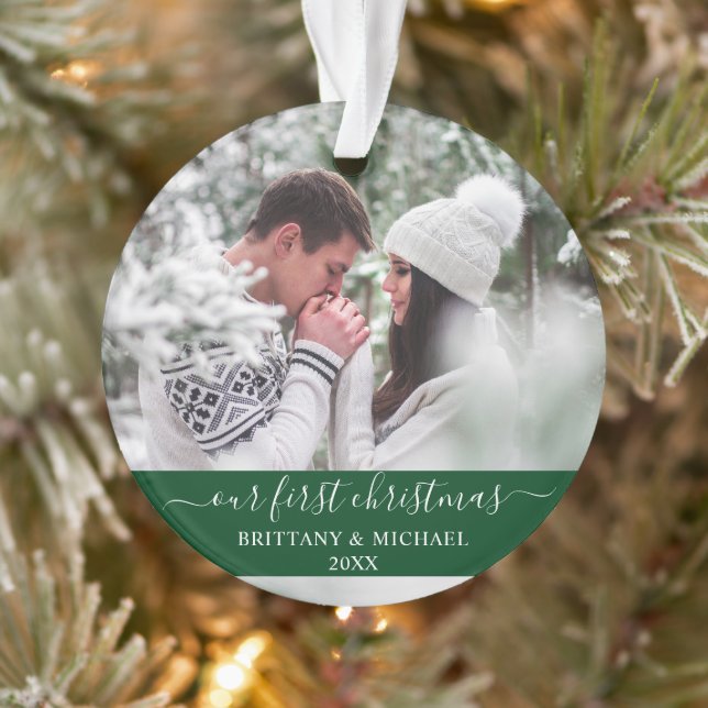 Stylish Script Our First Christmas Couple Green Ornament (Tree)