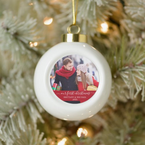 Stylish Script Our First Christmas Couple Red Ceramic Ball Christmas Ornament