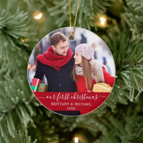 Stylish Script Our First Christmas Couple Red Ceramic Ornament