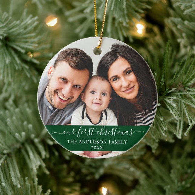 Stylish Script Our First Christmas Family Green Ceramic Ornament (Tree)