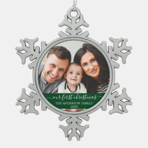 Stylish Script Our First Christmas Family Green Snowflake Pewter Christmas Ornament