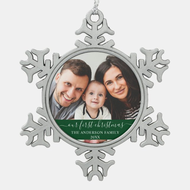 Stylish Script Our First Christmas Family Green Snowflake Pewter Christmas Ornament (Front)