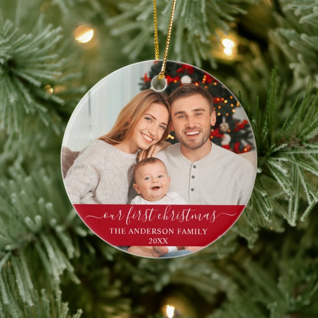 Stylish Script Our First Christmas Family Red Ceramic Ornament (Tree)