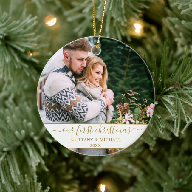 Stylish Script Our First Christmas Gold Couple Ceramic Ornament (Tree)