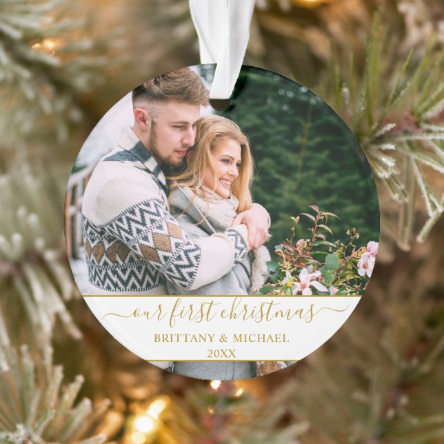 Stylish Script Our First Christmas Gold Couple Ornament (Tree)