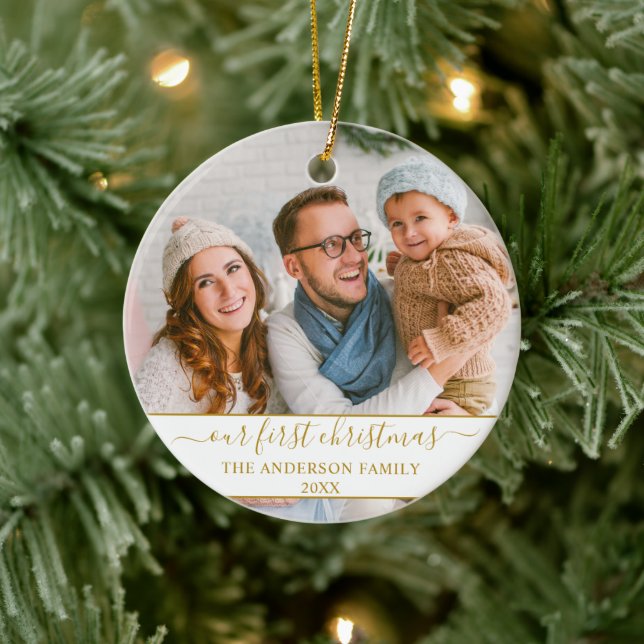 Stylish Script Our First Christmas Gold Family Ceramic Ornament (Tree)
