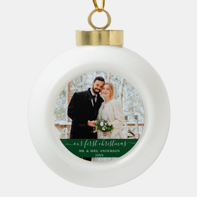 Stylish Script Our First Christmas Green Ceramic Ball Christmas Ornament (Front)