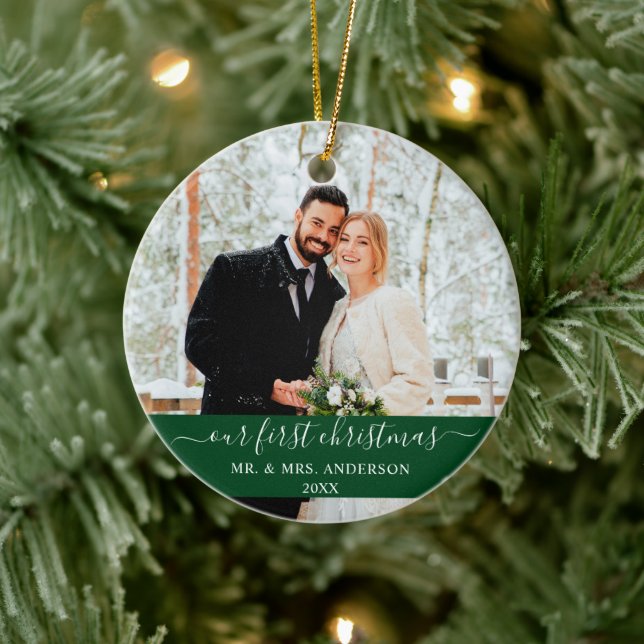 Stylish Script Our First Christmas Green Ceramic Ornament (Tree)