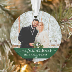 Stylish Script Our First Christmas Green Ornament