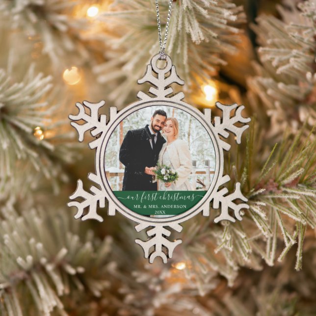 Stylish Script Our First Christmas Green Snowflake Pewter Christmas Ornament (Tree)
