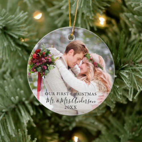 Stylish Script Our First Christmas Photo Names Ceramic Ornament