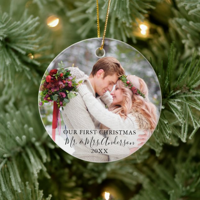 Stylish Script Our First Christmas Photo Names Ceramic Ornament (Tree)