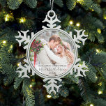 Stylish Script Our First Christmas Photo Names Snowflake Pewter Christmas Ornament<br><div class="desc">Elegant Stylish Trendy Script Our First Christmas Mr. and Mrs. Wedding Photo Ornament - Snowflake</div>