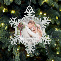 Stylish Script Our First Christmas Photo Names Snowflake Pewter Christmas Ornament at Zazzle