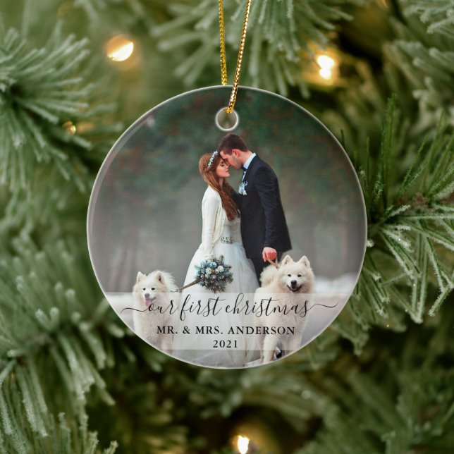 Stylish Script Our First Christmas Photo Wedding Ceramic Ornament (Tree)