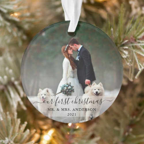 Stylish Script Our First Christmas Photo Wedding Ornament