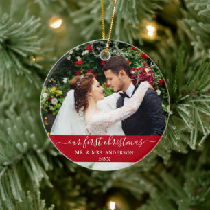 Stylish Script Our First Christmas Red Ceramic Ornament