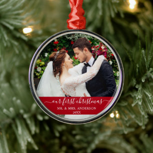 Stylish Script Our First Christmas Red Metal Ornament