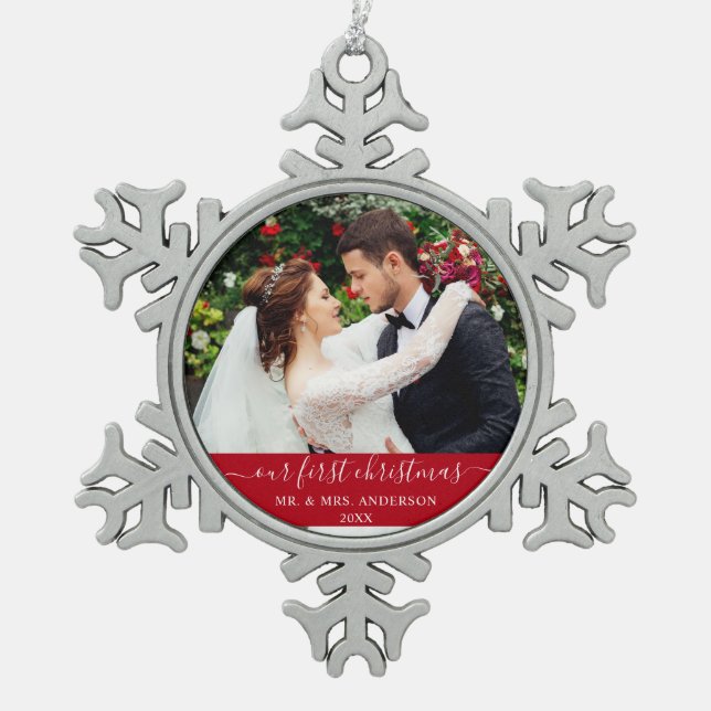 Stylish Script Our First Christmas Red Snowflake Pewter Christmas Ornament (Front)