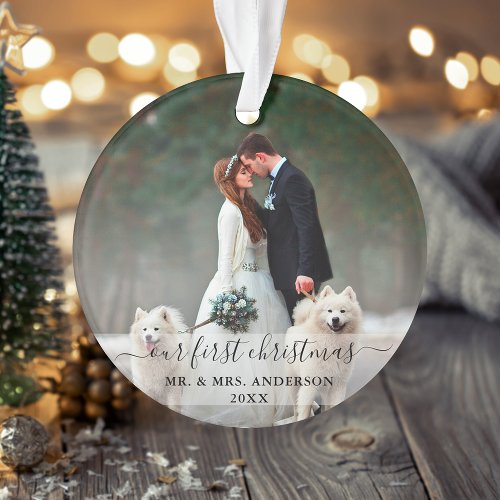 Stylish Script Our First Christmas Wedding Photo Ornament