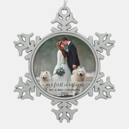 Stylish Script Our First Christmas Wedding Photo Snowflake Pewter Christmas Ornament