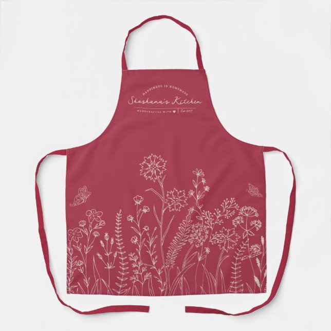 Stylish Script Personalized Pretty Floral Apron (Front)