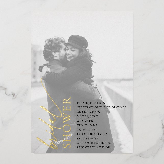 Stylish Script Photo Bridal Shower Foil Invitation (Front)