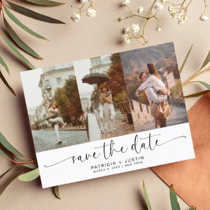 Stylish Script Photo Collage Wedding Save the Date Announcement Postcard