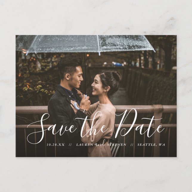 Stylish Script Photo Overlay Save the Date Announc Announcement Postcard (Front)