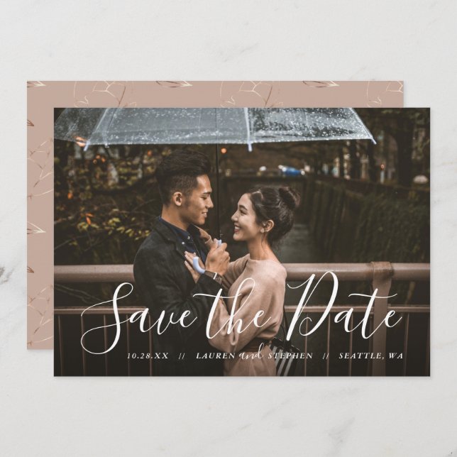 Stylish Script Photo Overlay Save the Date Invitation (Front/Back)